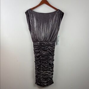 NWT Alice + Olivia Shimmering Purple Silver Ruched Midi Dress Size 0
